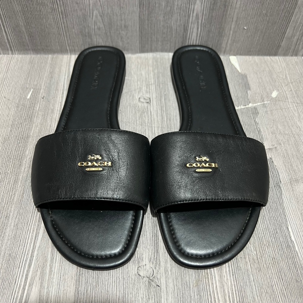 Coach CAQ67 Black Leather Flat Slide Sandals Gold Logo Womens 11B